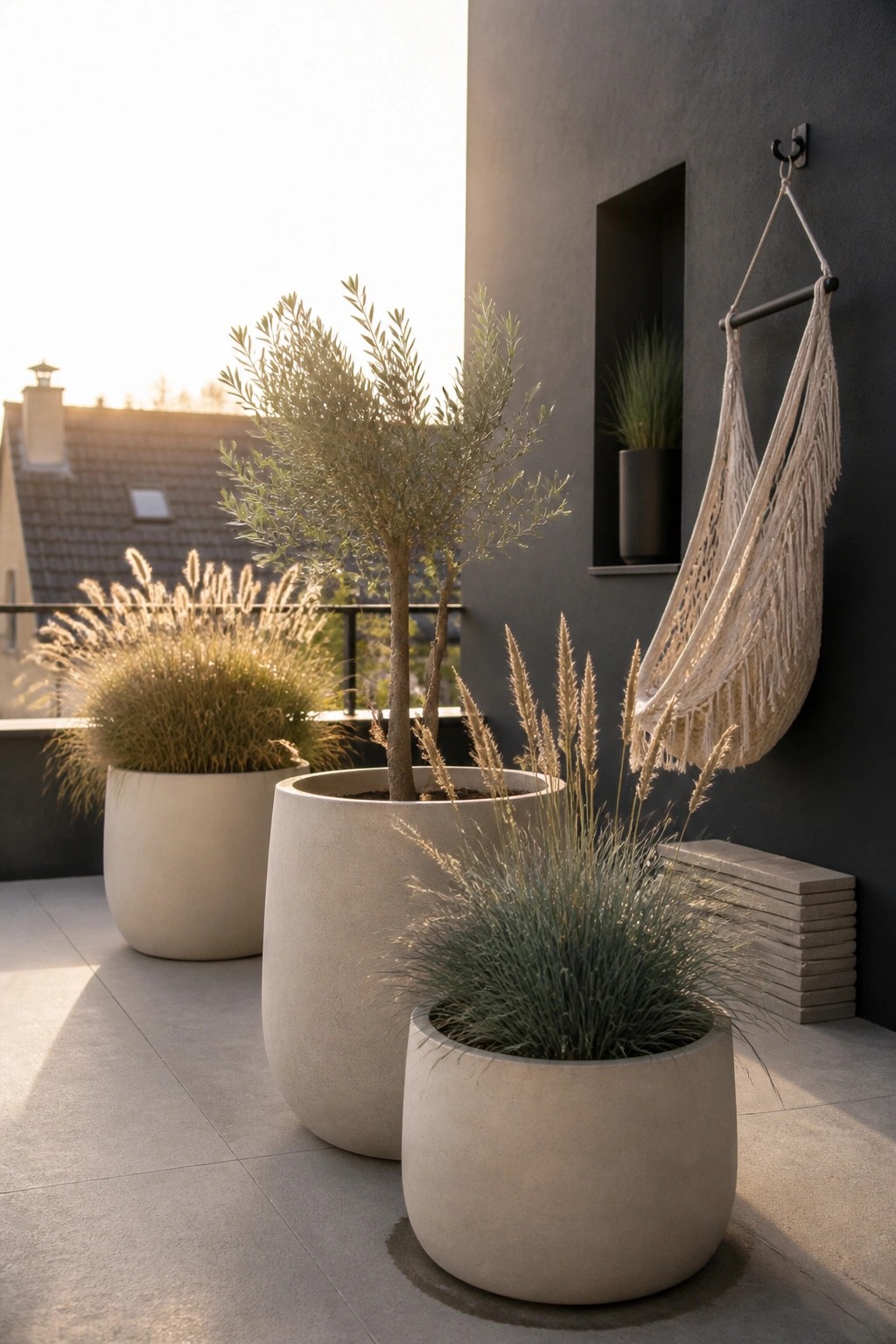 A balcony scene with three large beige pots holding grasses and a small tree, set against a dark wall with a macrame hanging chair nearby.