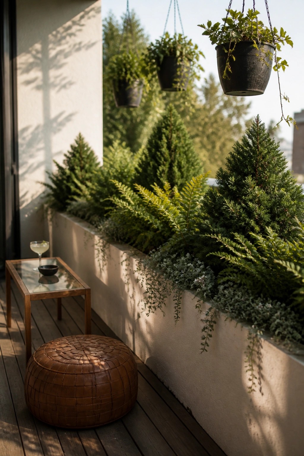 A balcony with a long concrete planter filled with layered green plants and ferns, a brown woven pouf, and a small glass table on a wooden deck, with hanging pots above.