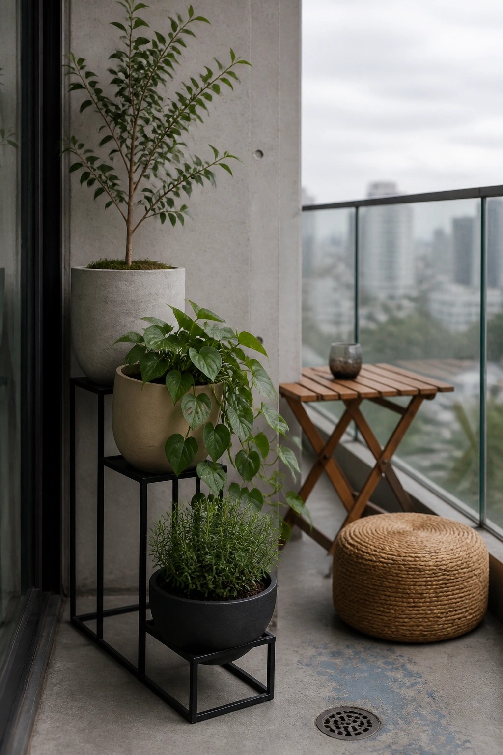 Potted plants on stands beside wooden table and woven pouf on balcony