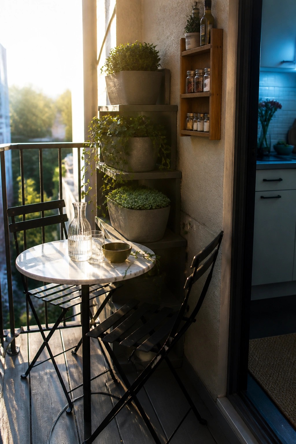 A compact balcony features a round table with two black folding chairs and plants arranged in neutral pots on tiered steps next to a wooden wall shelf.