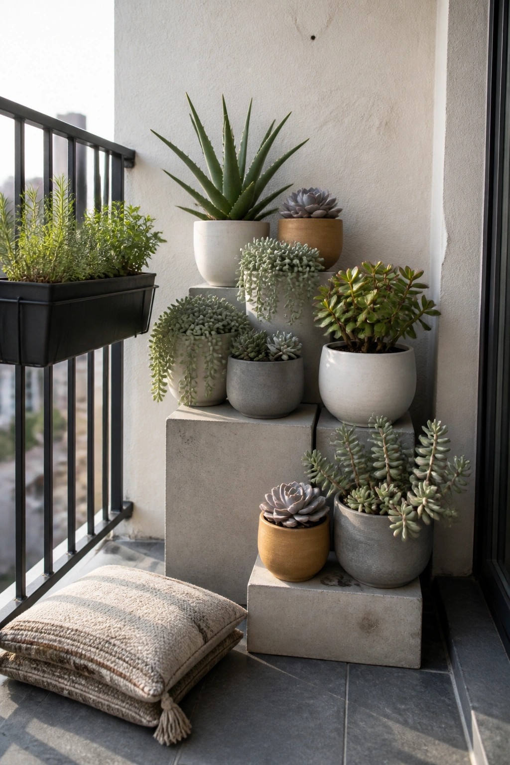 A balcony corner showing succulents and small shrubs in neutral pots placed on stacked concrete blocks with a woven cushion on the tiled floor.