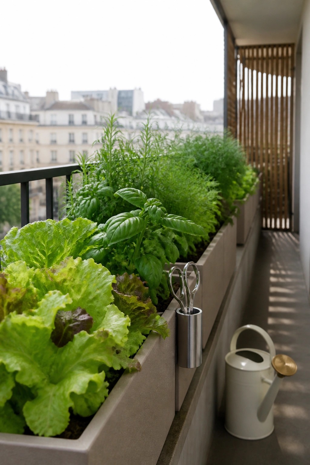 A balcony lined with long rectangular neutral planters filled with leafy greens and herbs, with a white watering can and metal scissors holder visible along the edge.
