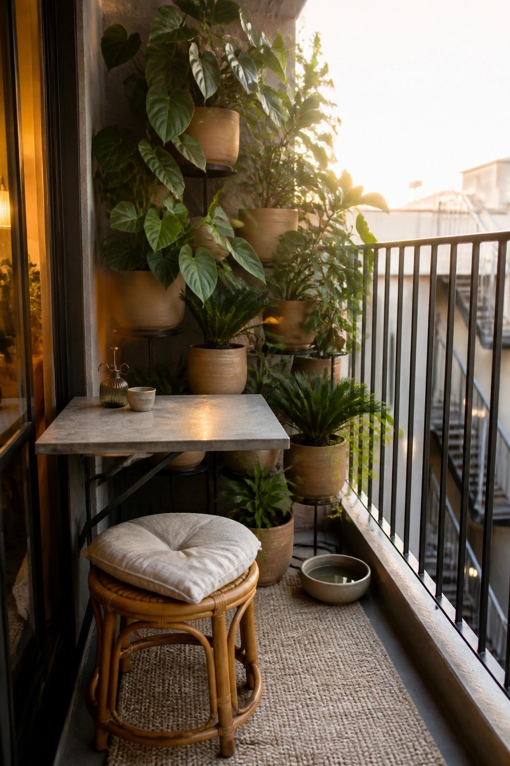 Cozy balcony with lush potted plants, marble table, wicker stool, and woven rug at sunset.