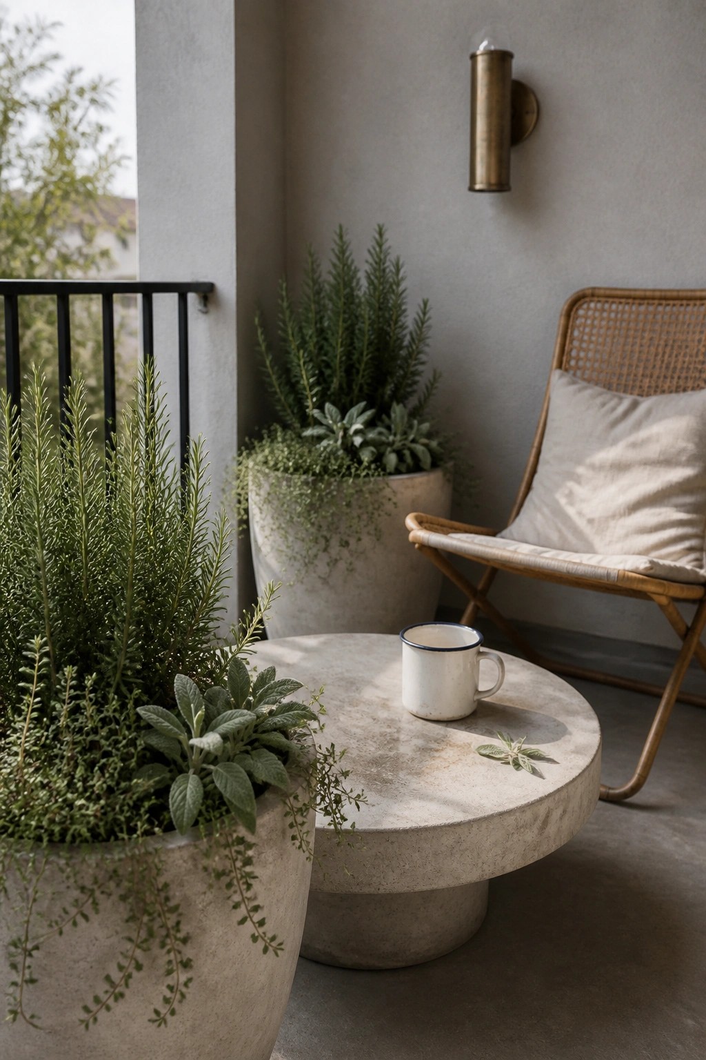 A balcony scene showing large concrete planters with layered green plants, a round concrete table holding a white mug, and a wooden chair with a cushion against a plain wall.