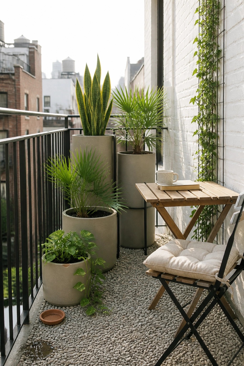 Balcony with potted plants, wooden table and chair on pebble floor