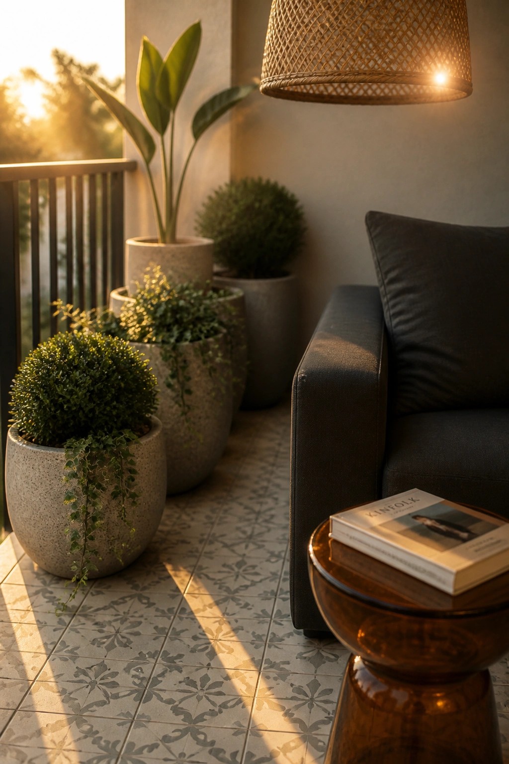A balcony corner with several speckled neutral pots holding layered green plants beside a dark gray sofa and a wooden side table holding a book.
