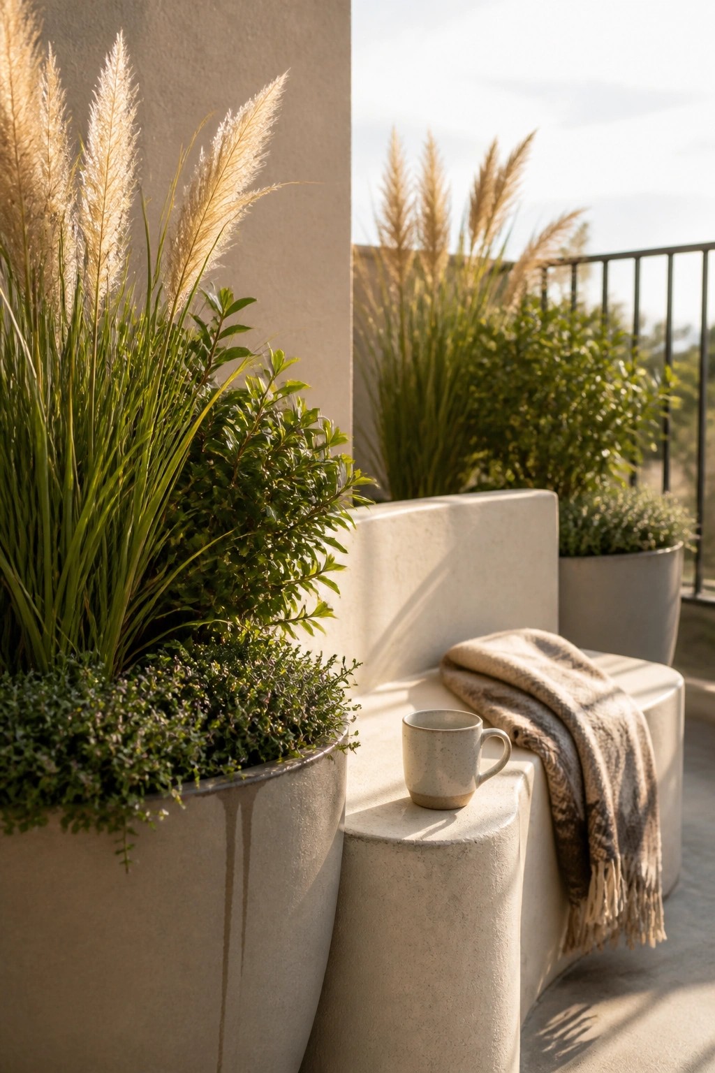 A balcony corner with large neutral concrete pots holding tall grasses and layered shrubs beside a built-in bench holding a mug and folded blanket.