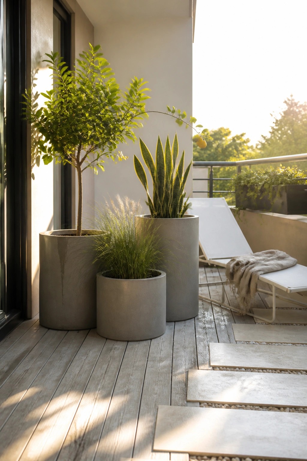 A wooden balcony holds three gray concrete pots with a small tree, tall grasses, and a snake plant, placed beside a white lounge chair.