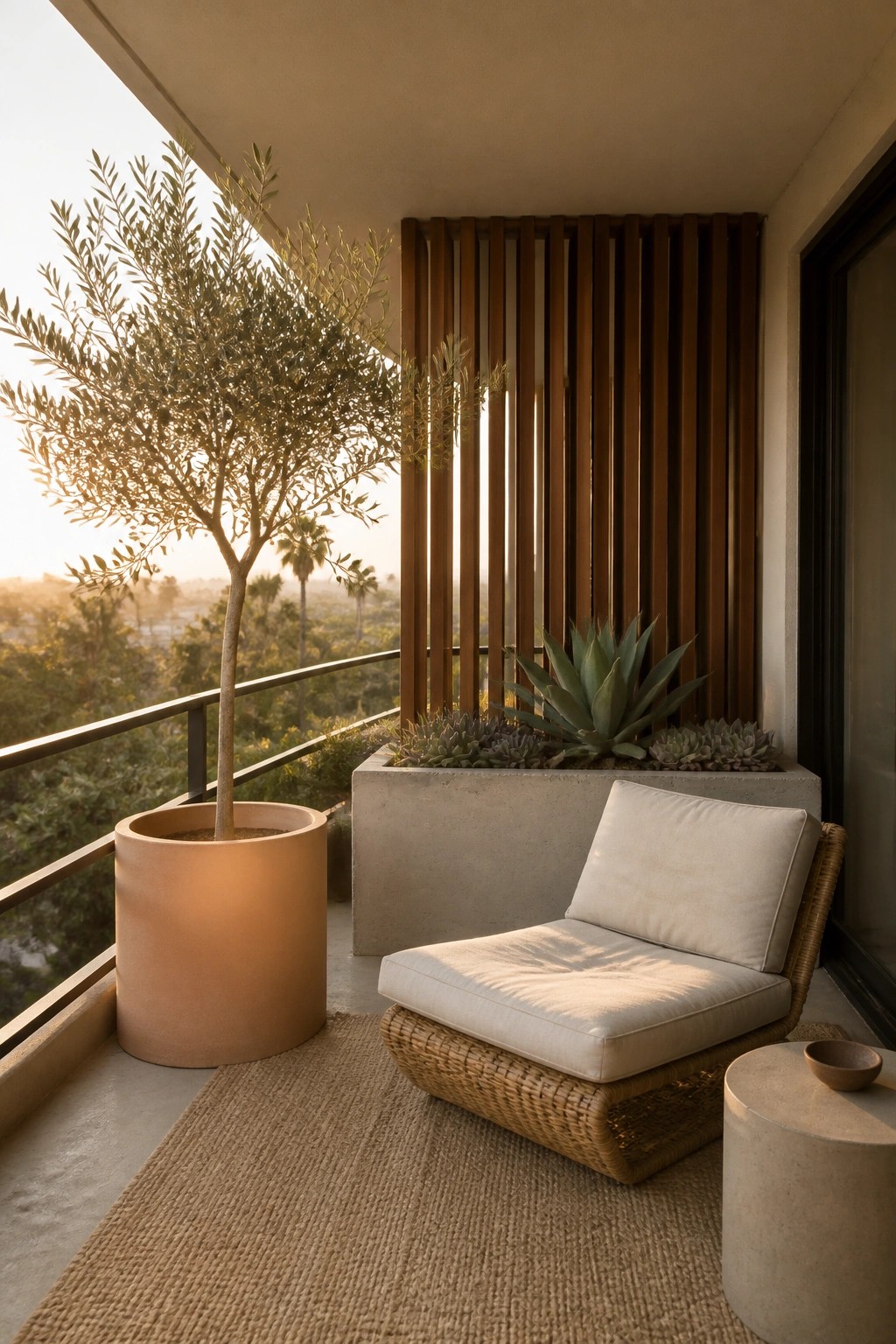 A balcony scene showing a woven lounge chair, a large terracotta pot with a tree, and a concrete planter with succulents set against vertical wood slats.