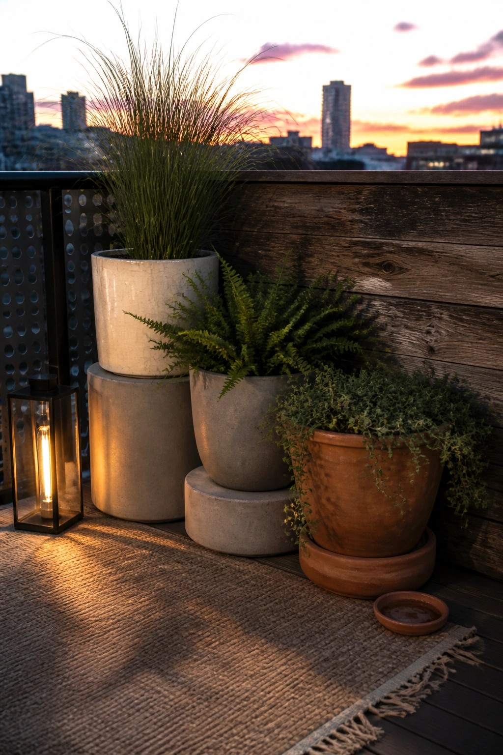A balcony scene shows several neutral-toned pots with green plants stacked at different heights on a woven rug beside a lit lantern, with a wooden railing and city skyline at dusk.