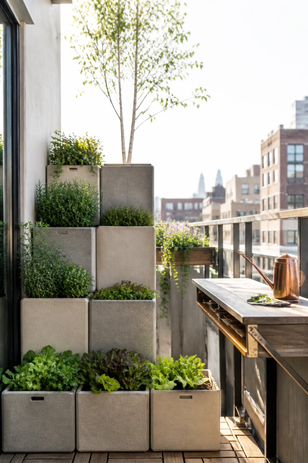 A balcony with stacked gray concrete planters holding green plants beside a wooden table and copper watering can.