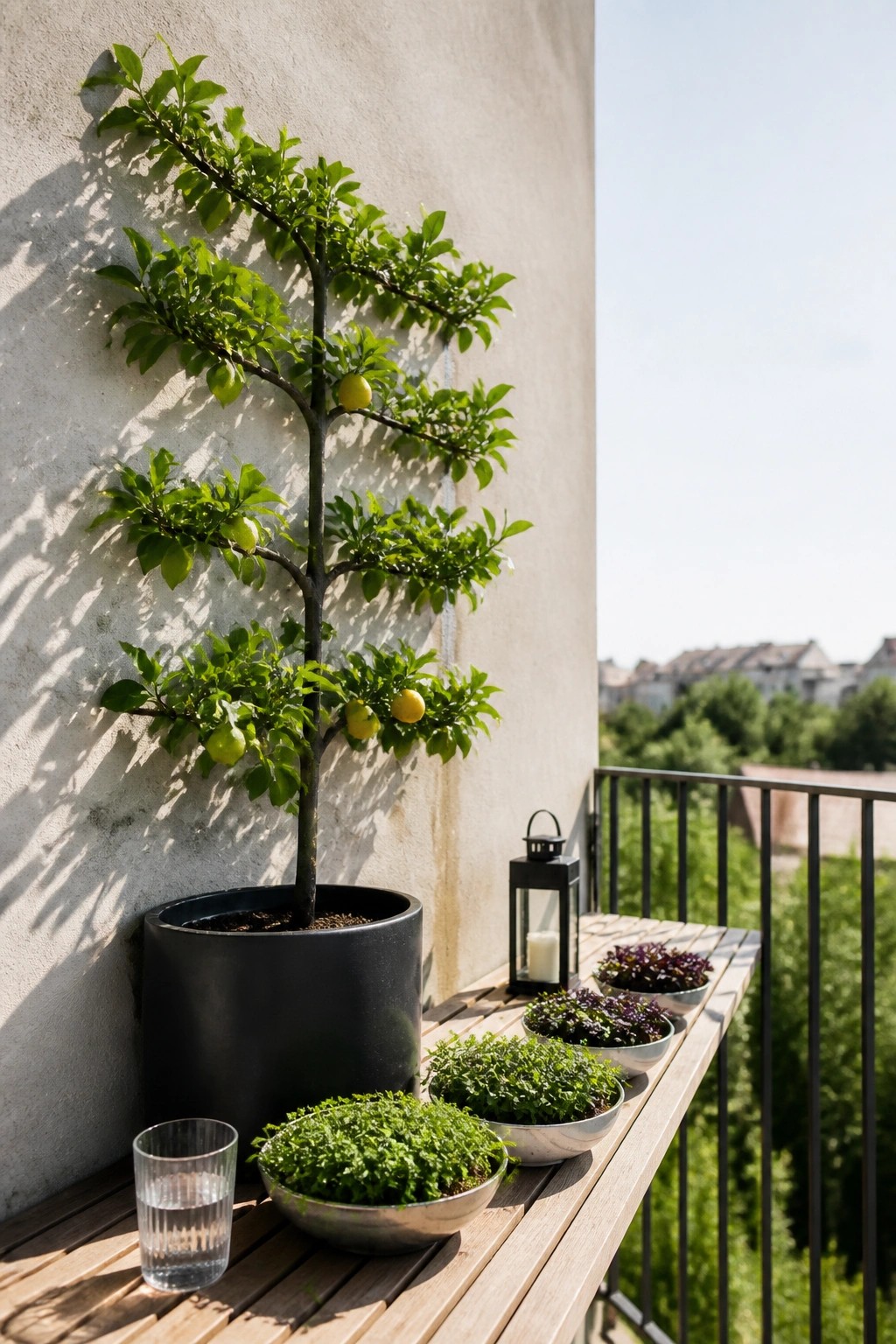 A tall citrus tree in a large black pot stands on a wooden balcony beside several low metal bowls filled with green herbs and a black lantern.