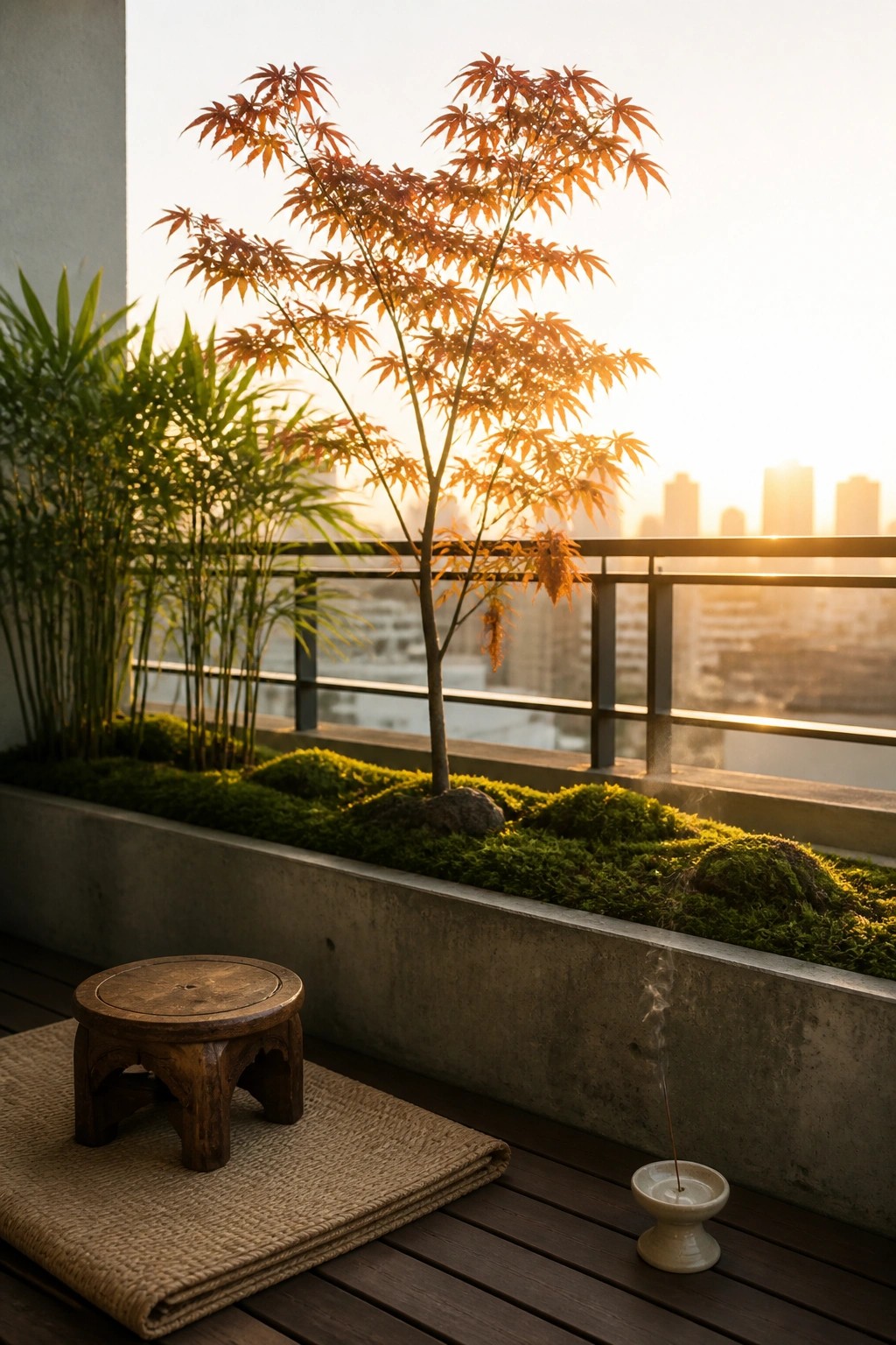 A balcony scene shows a long concrete planter with green moss and a small tree, a wooden stool on a woven mat, and a small incense burner on dark wood flooring.