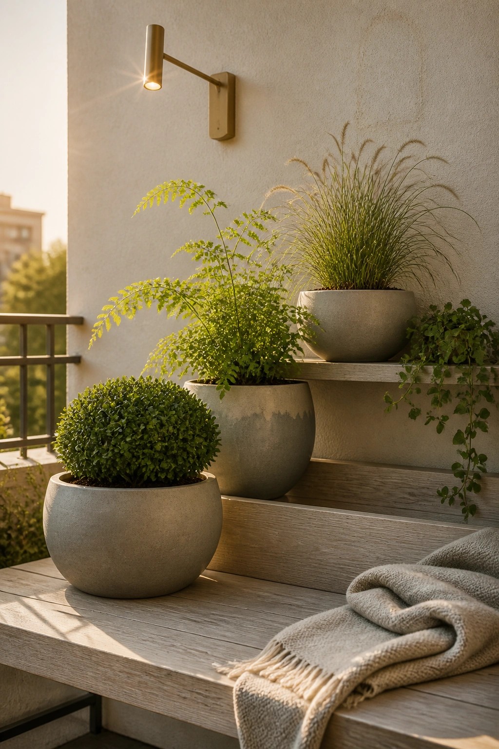 A balcony with several round gray pots of different sizes holding layered green plants on wooden steps and a bench, next to a wall-mounted light.