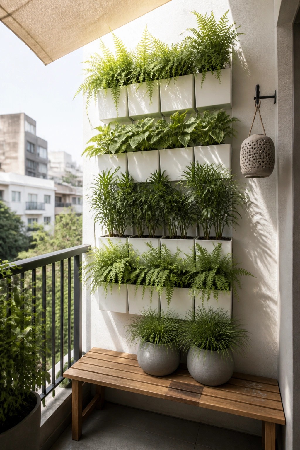 A balcony wall covered in white rectangular planters arranged in rows, filled with various green plants, and a wooden bench with two gray pots below.