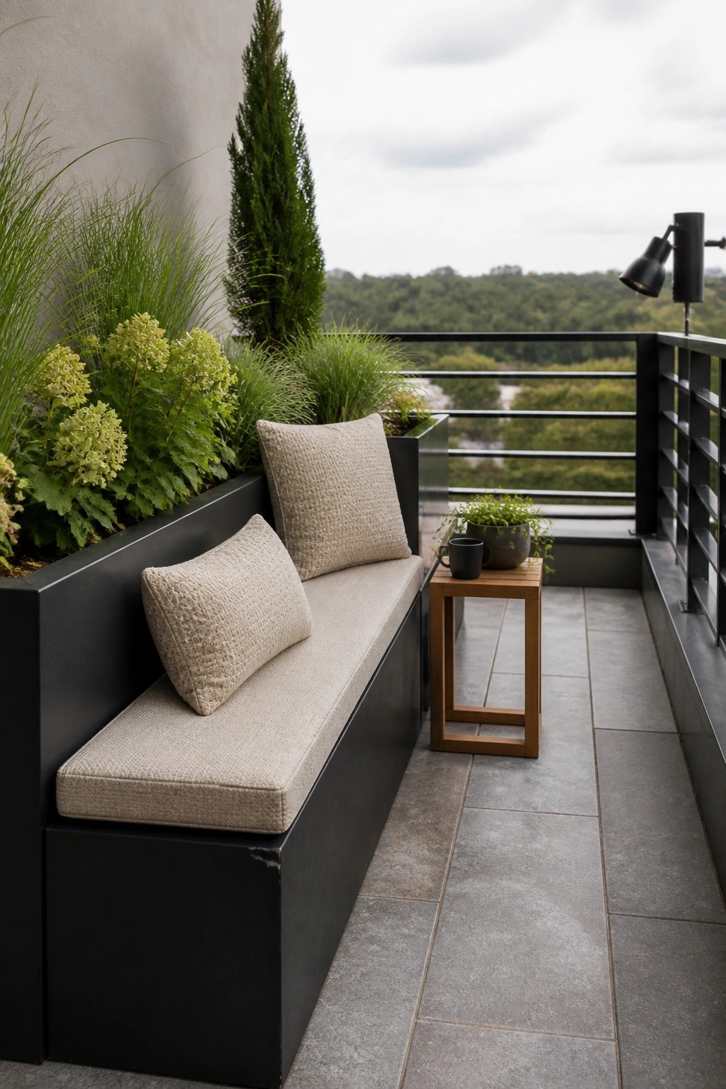 A modern balcony shows a long built-in bench with beige cushions beside a black rectangular planter filled with green plants and a small wooden side table holding a mug.