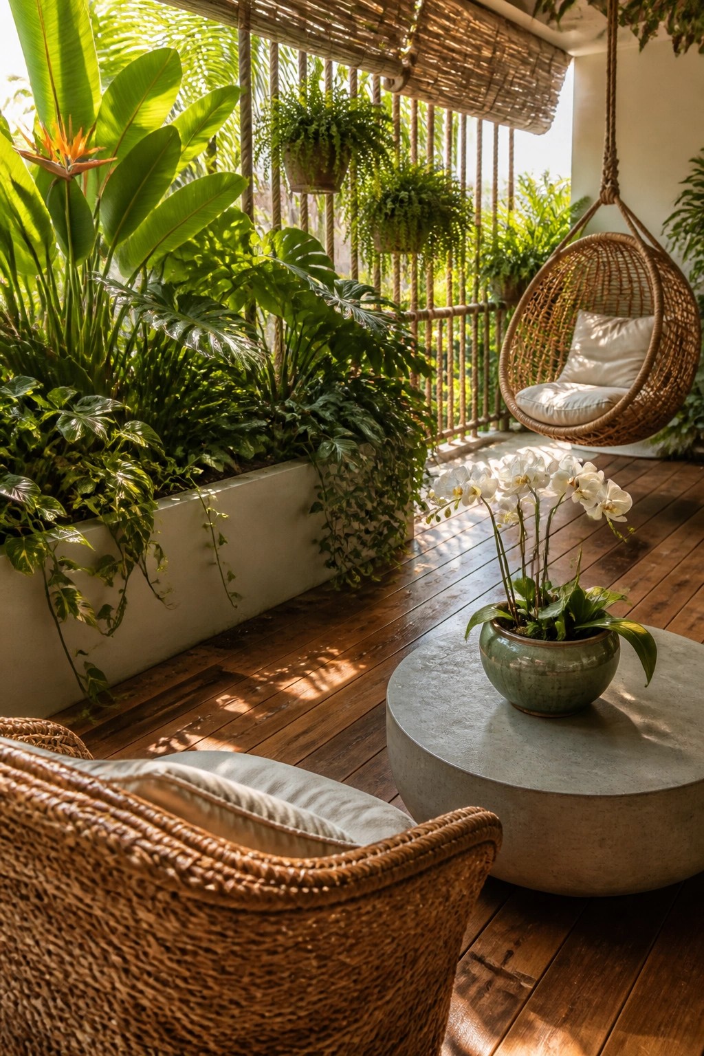 A wooden balcony deck with a long concrete planter box filled with tropical plants, a hanging wicker chair, woven armchairs, and a potted white orchid on a round concrete table.