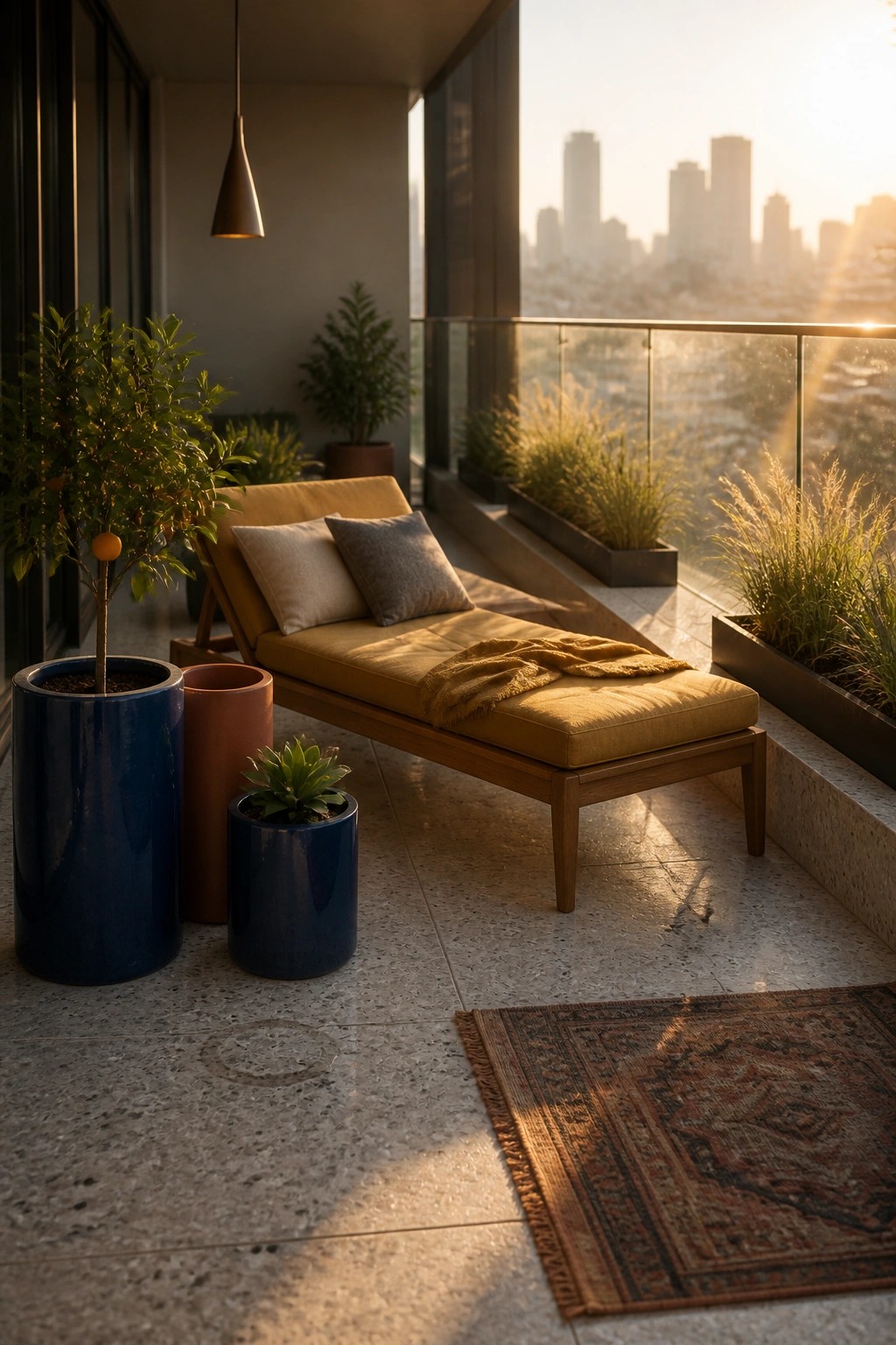 A modern balcony with a wooden chaise lounge, yellow cushions, and several large ceramic planters holding trees and small plants, overlooking a city skyline at sunset.