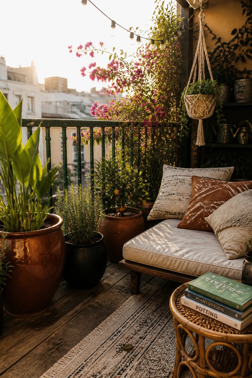 A wooden balcony with a cushioned daybed, multiple potted plants in terracotta and black containers of different sizes, a hanging plant, and a rattan table holding gardening books.