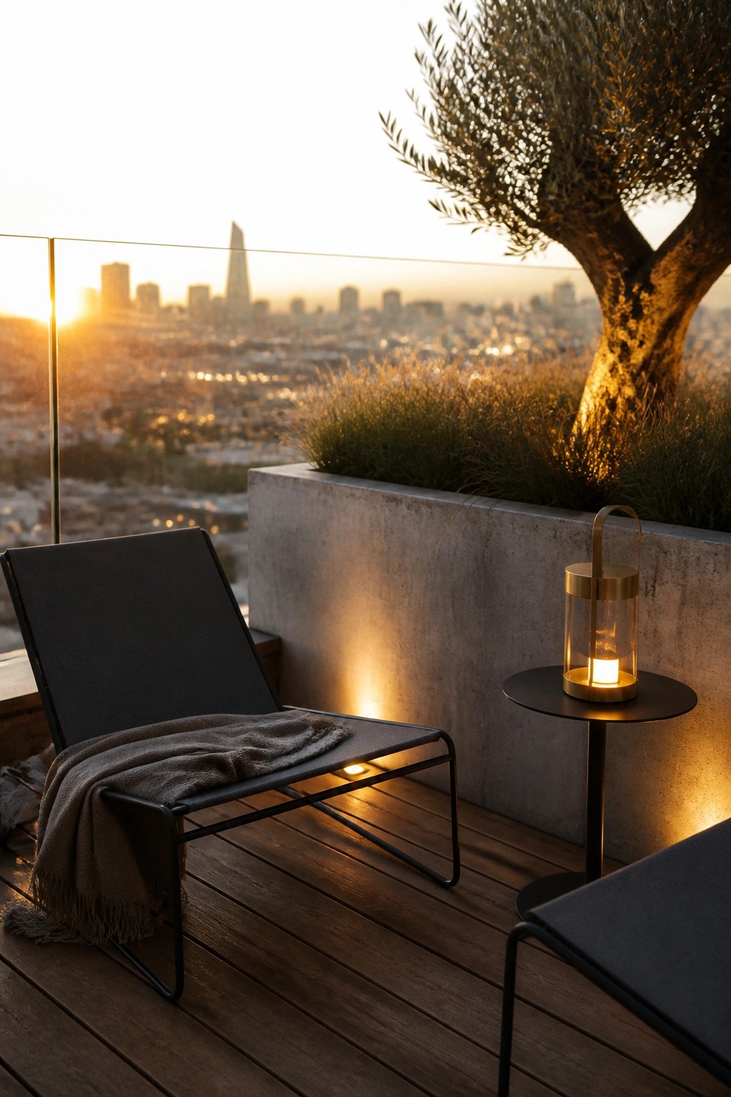 A modern balcony features a black lounge chair with a throw blanket, a lit lantern on a small side table, and a large concrete planter with grasses and a tree overlooking a city at sunset.