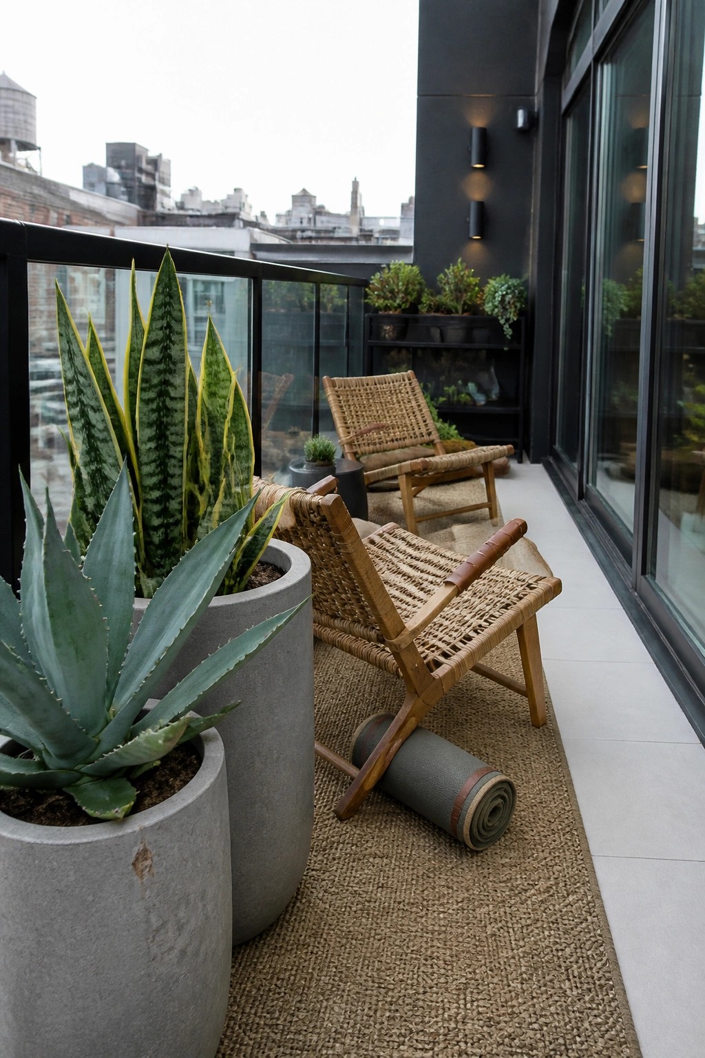 A modern balcony with large gray concrete planters holding succulents, woven wood chairs on a rug, and a city view beyond the railing.