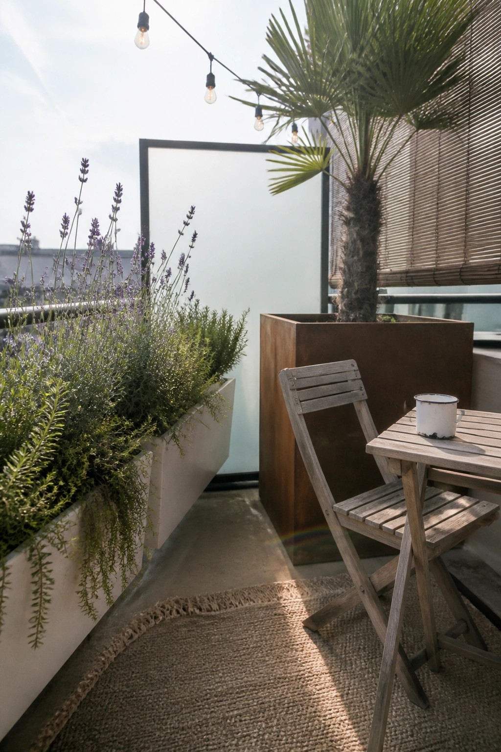 Wooden table and chair on sunny balcony with potted plants and string lights