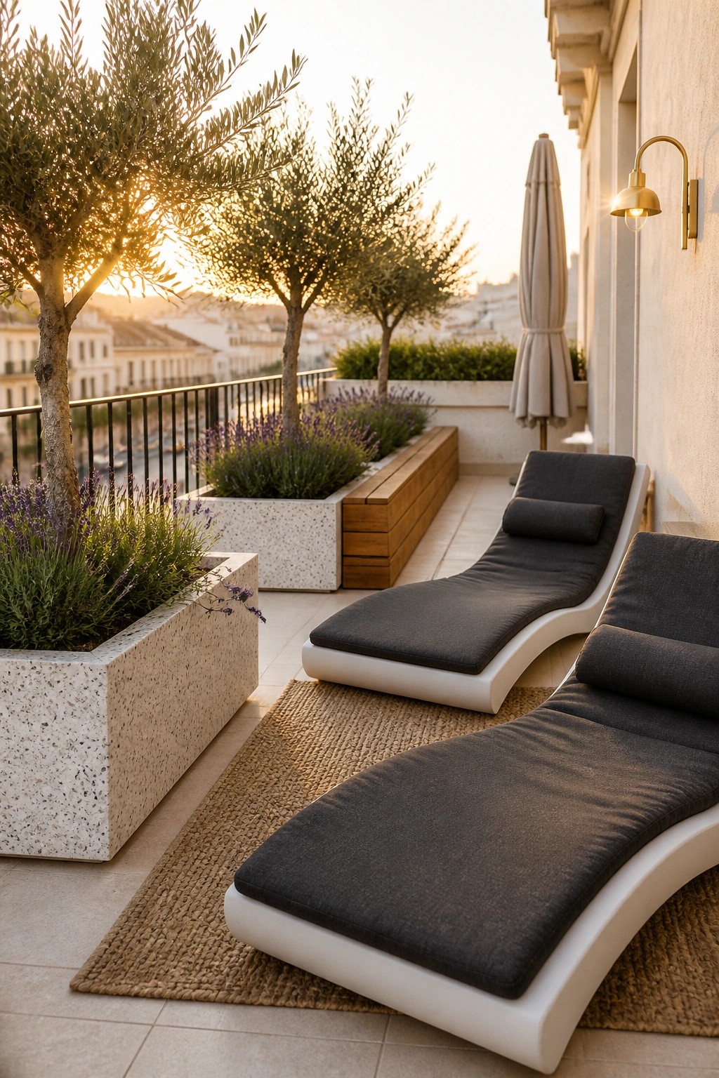 Modern balcony with dark lounge chairs on woven rugs, large speckled planters holding olive trees and lavender, and a closed patio umbrella along the wall.