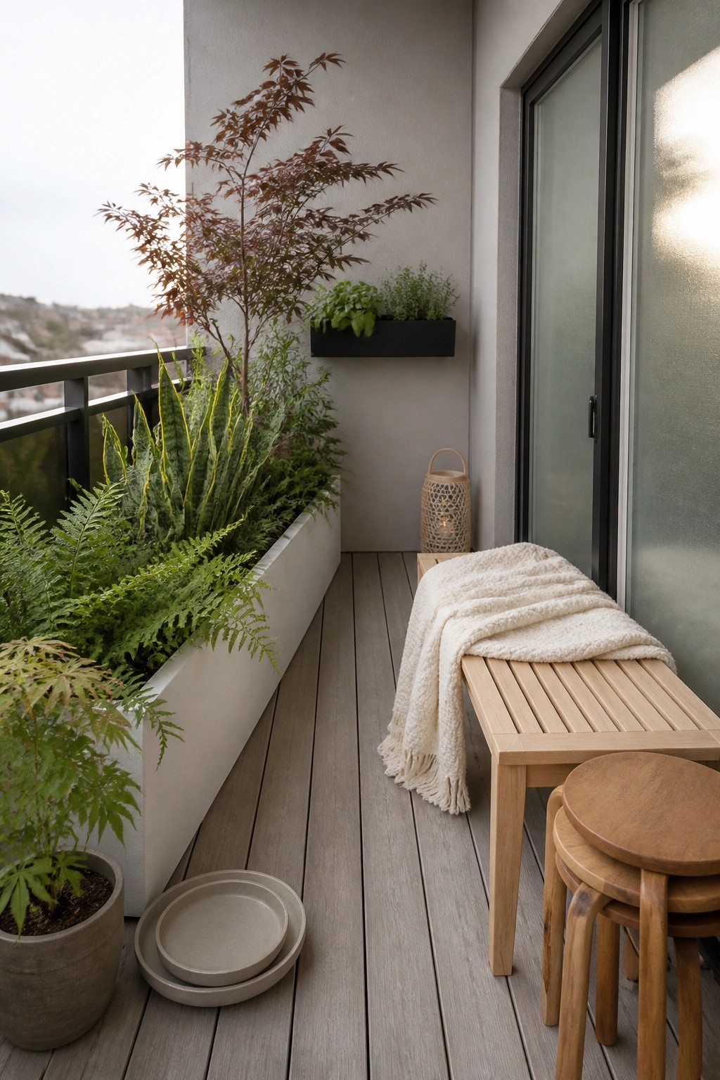 A narrow balcony with a long white planter box holding ferns and small trees, a wooden bench with a cream blanket, stacked wooden stools, and a lantern on the deck.