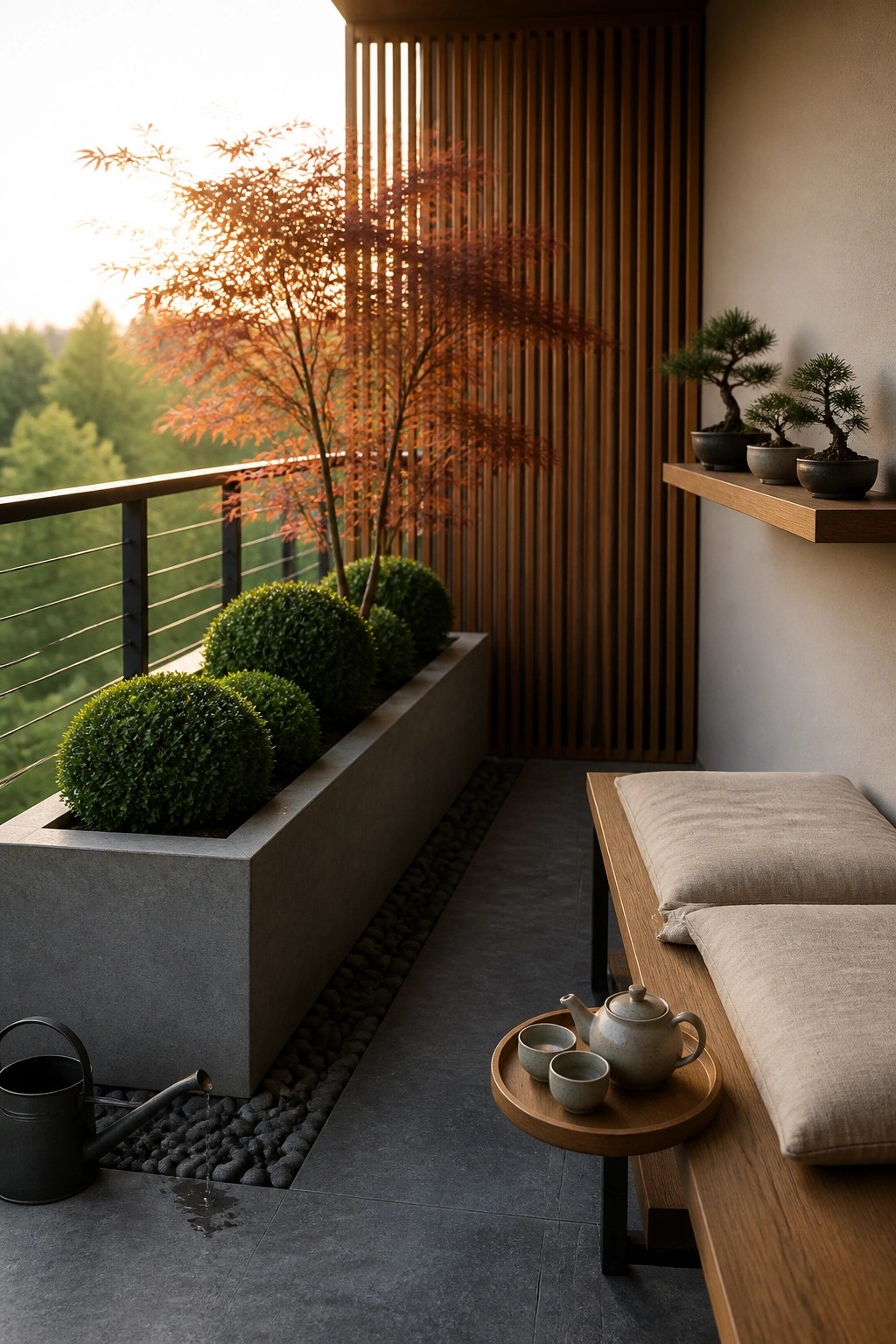 A modern balcony with a long gray concrete planter holding round shrubs, a wooden bench with cushions, a small round table with a teapot and cups, and bonsai plants on a wall shelf.