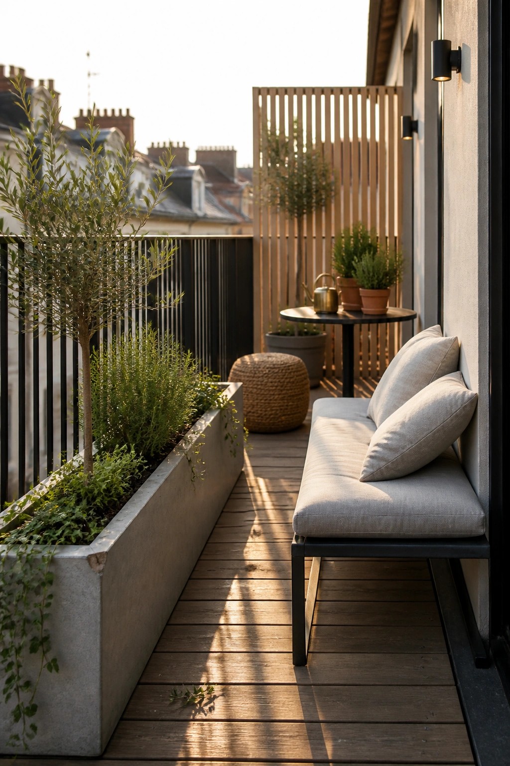 A balcony with a long concrete planter full of green plants along the left side and a light gray cushioned bench against the right wall on dark wood decking.