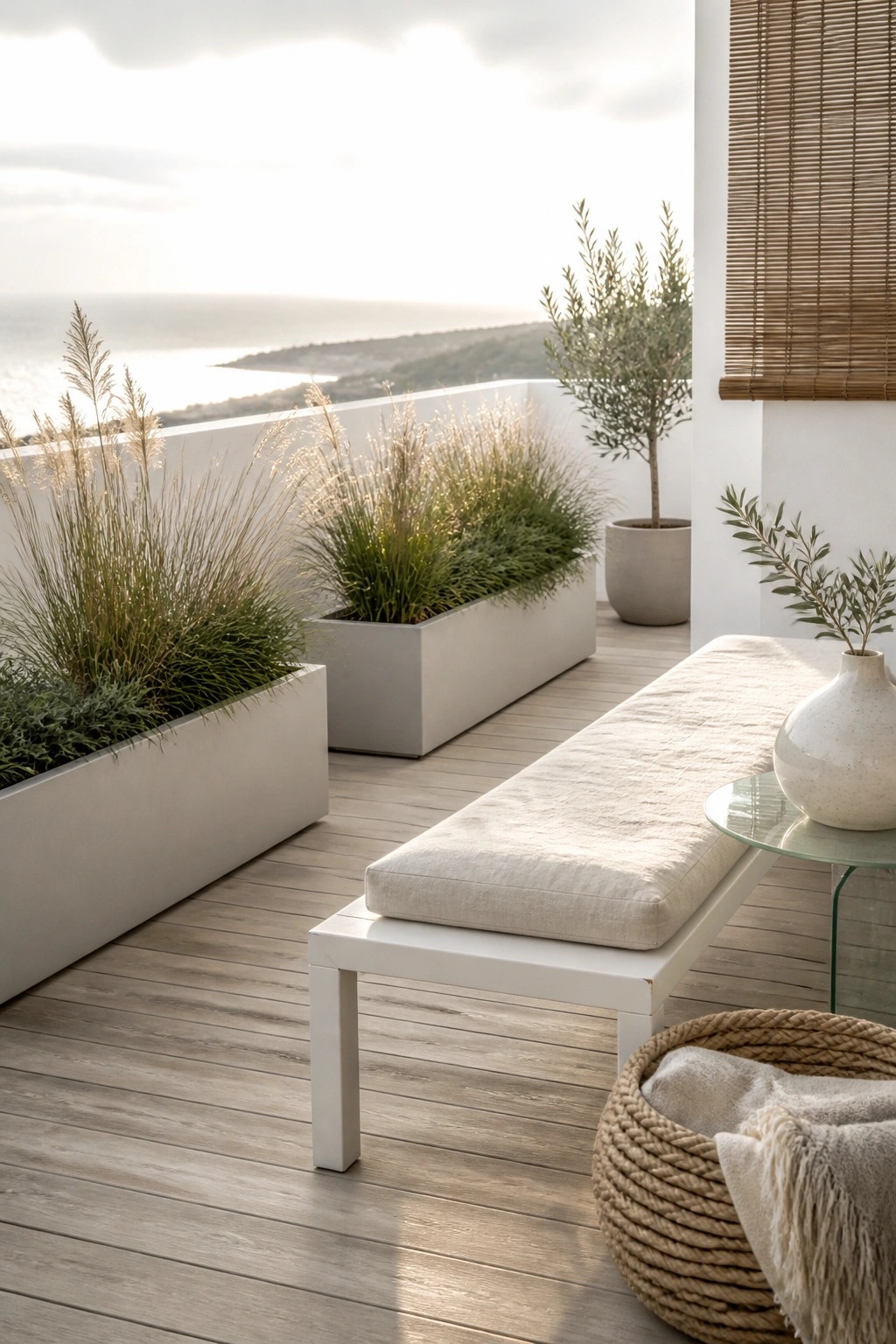 A modern balcony with light wood decking, several long white rectangular planters holding tall grasses, a cushioned bench, and a view of the ocean.