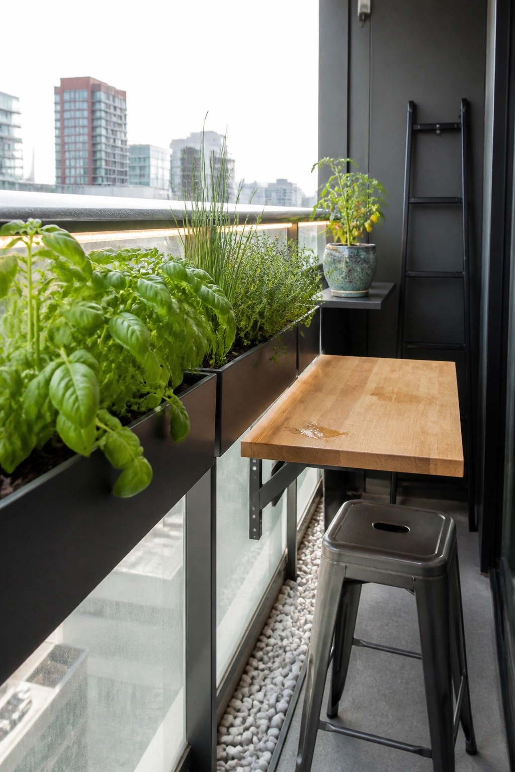 A balcony with long black rectangular planters mounted along the glass railing, filled with green herbs, next to a wooden table and metal stool.