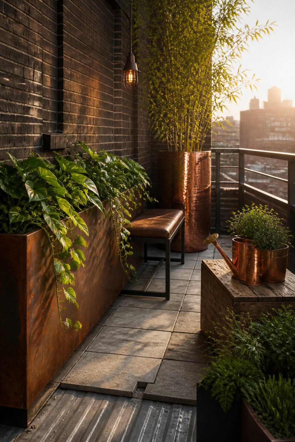 Rooftop terrace with brick wall, metal planters of greenery, leather bench, and copper pots.