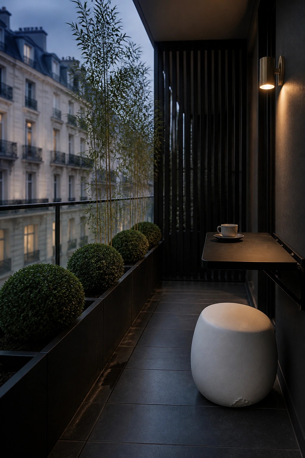 A narrow modern balcony at dusk shows long dark rectangular planters with tall thin plants and round shrubs along the left side, a wall-mounted table holding a cup and saucer, a white cylindrical stool on dark tiles, and a city building visible in the background.