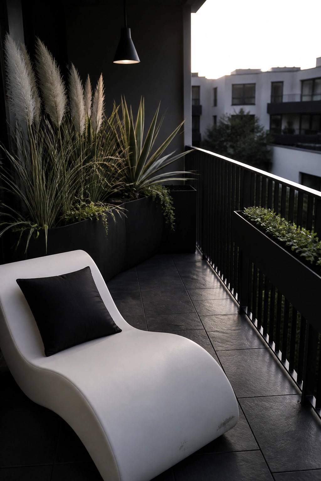 A modern balcony features a white lounge chair beside long black planters filled with tall ornamental grasses and green foliage, set against a dark wall and railing.