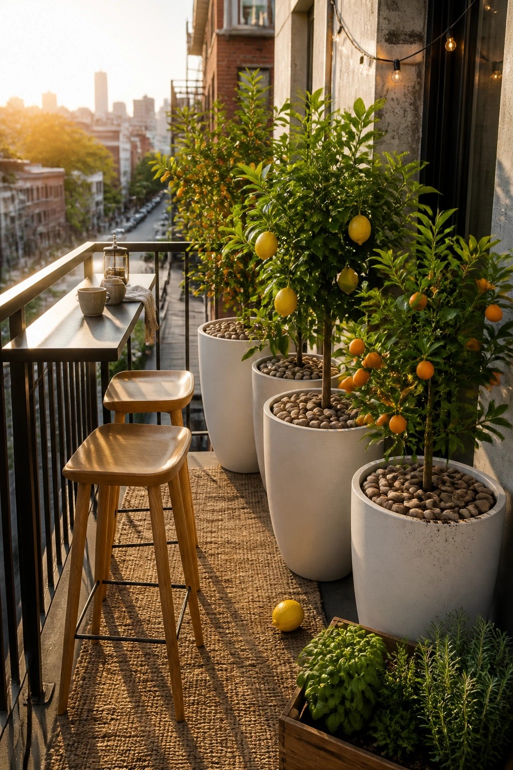 A balcony features three citrus trees in large white planters, two wooden stools, a small table with cups, and a woven rug.