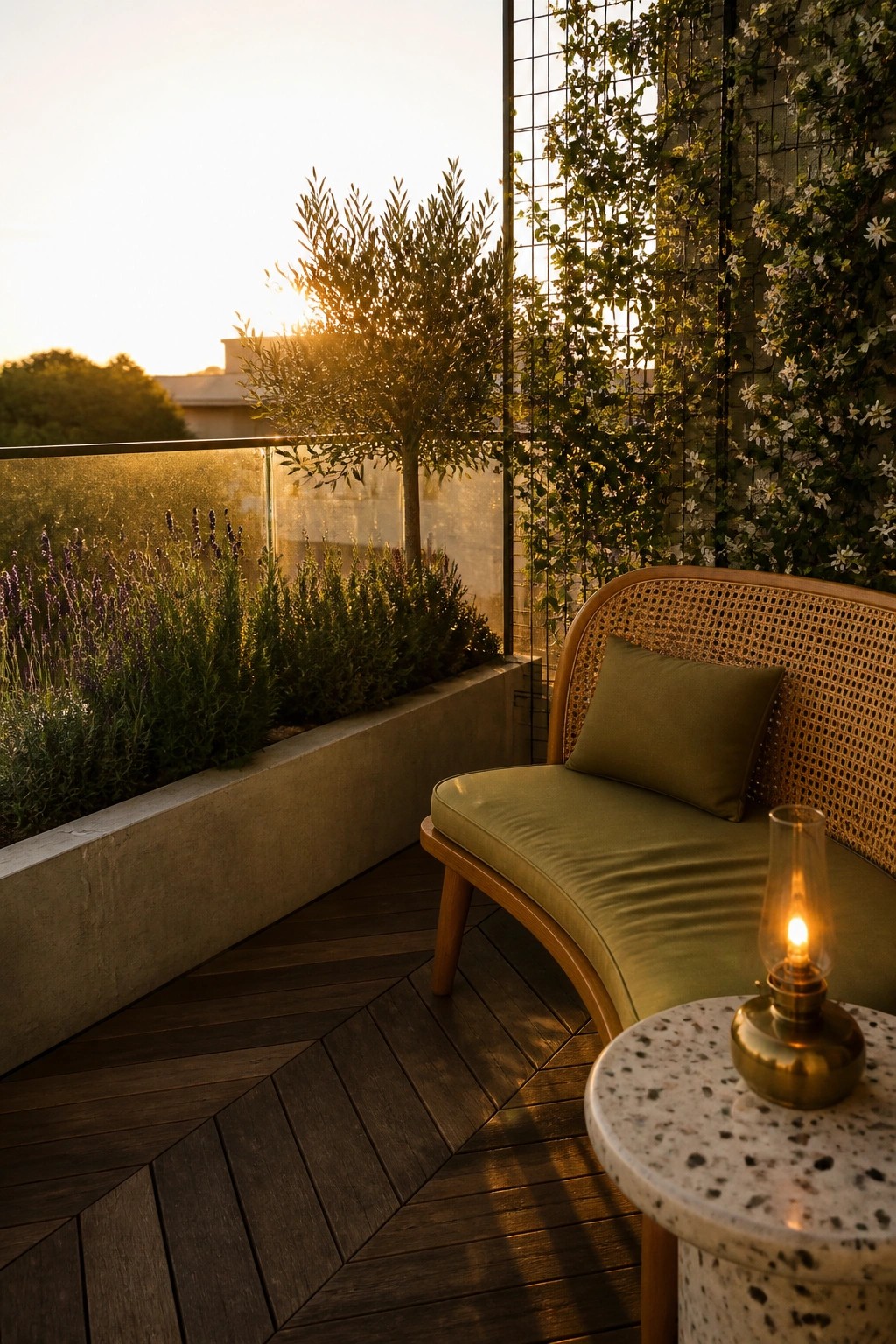 A modern balcony with dark wood decking, a curved green bench, a small side table with a lit lamp, and a vertical garden wall filled with plants and white flowers.