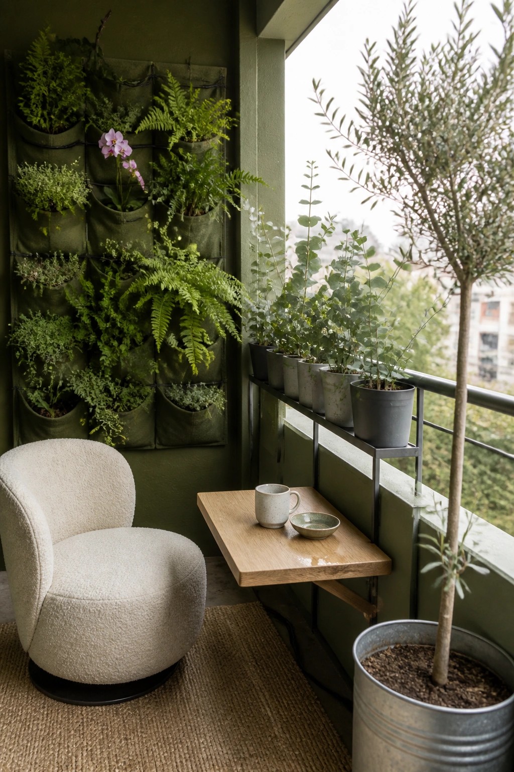 A balcony corner with a green vertical garden wall, potted plants on a metal railing shelf, a white swivel chair, and a small wooden drop-leaf table.