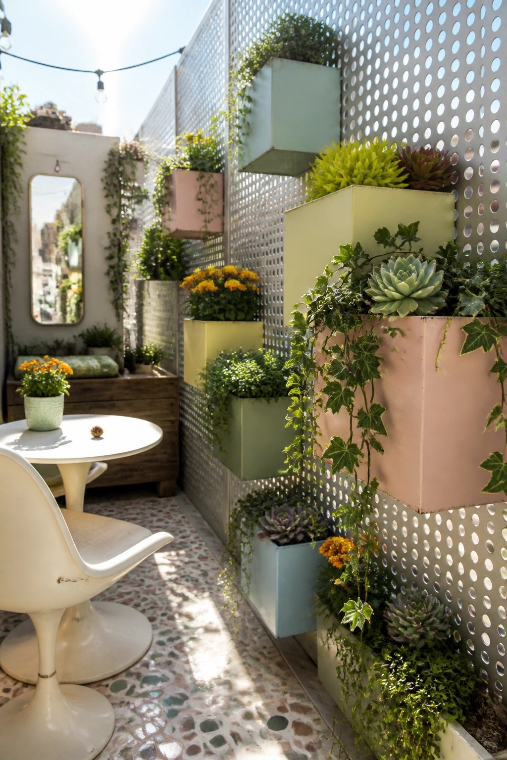 An outdoor seating area with a white round table and molded chair next to a perforated metal wall fitted with multiple rectangular planters in soft colors holding succulents and trailing greenery.