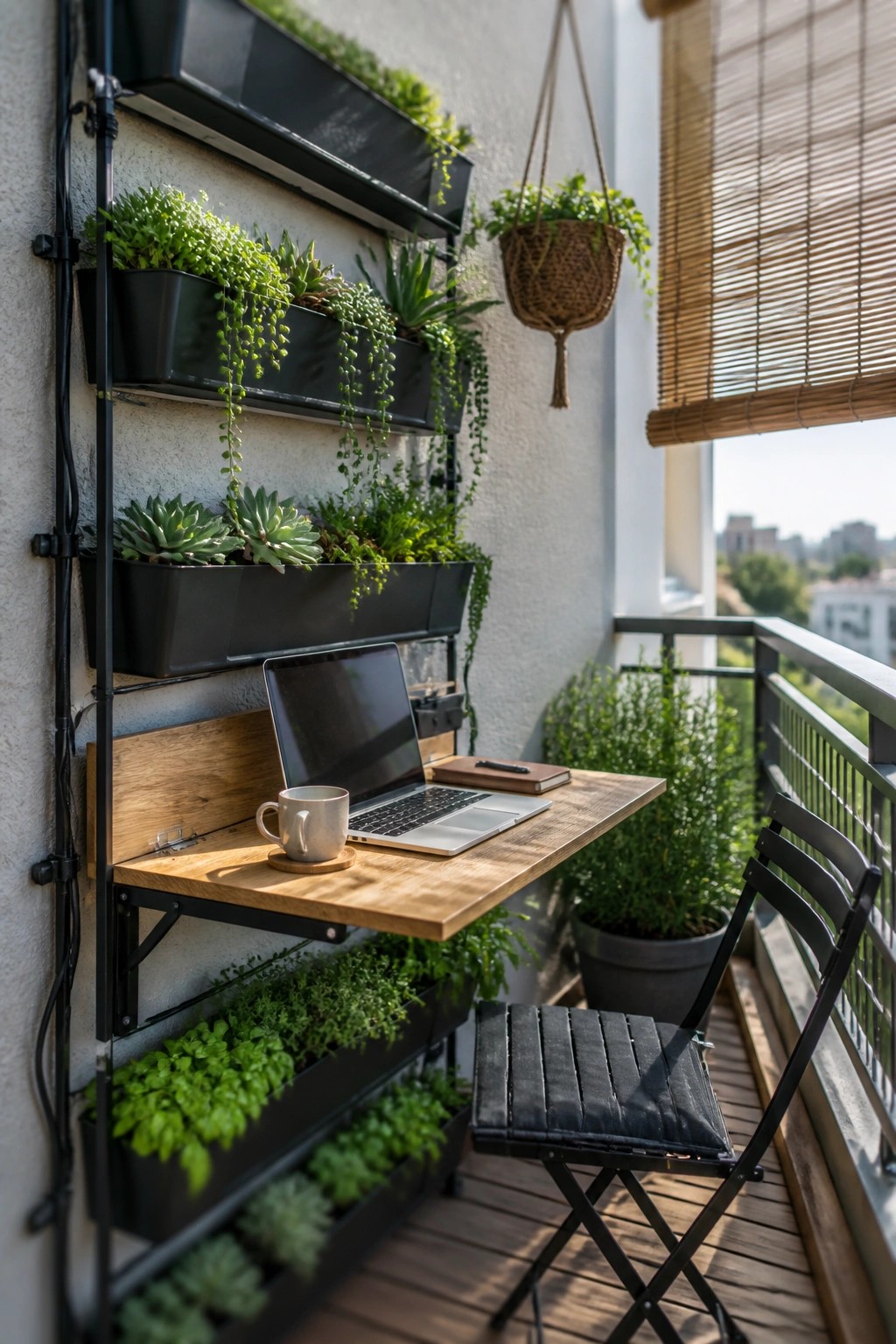 A compact balcony with a wooden fold-down desk holding a laptop and mug, a black folding chair, and several tiers of black wall-mounted planters filled with green plants.