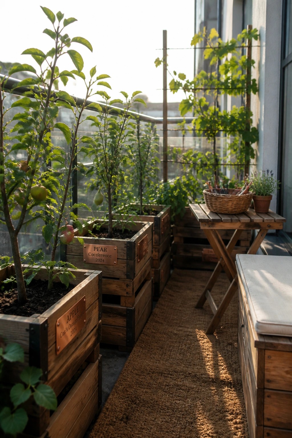 Wooden crate planters on a balcony holding small apple and pear trees with metal labels, next to a folding table and woven rug.