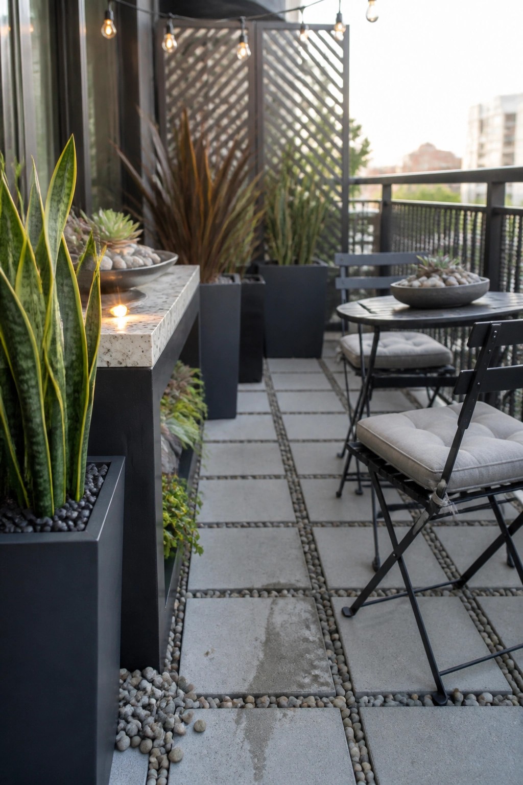 A balcony terrace with large gray stone pavers bordered by gravel, black planters with tall plants, and black metal chairs with cushions around a small table.