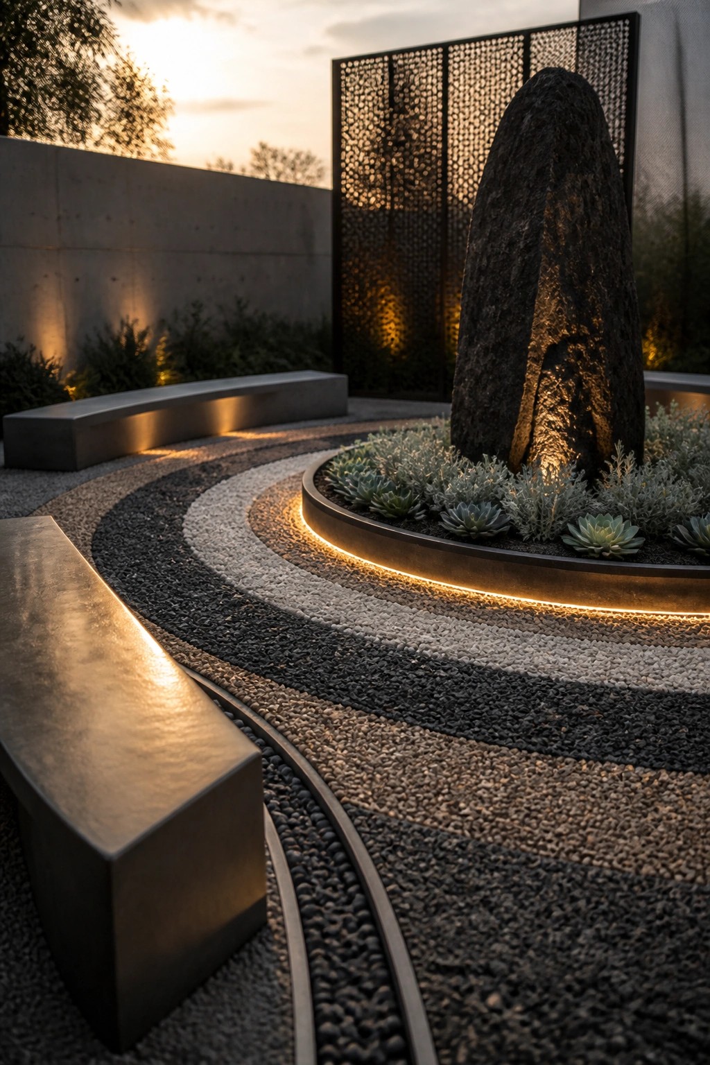 A modern garden with concentric rings of black, gray, and white gravel surrounding a circular bed that holds a tall dark stone and low succulents, edged with metal and lit from below.