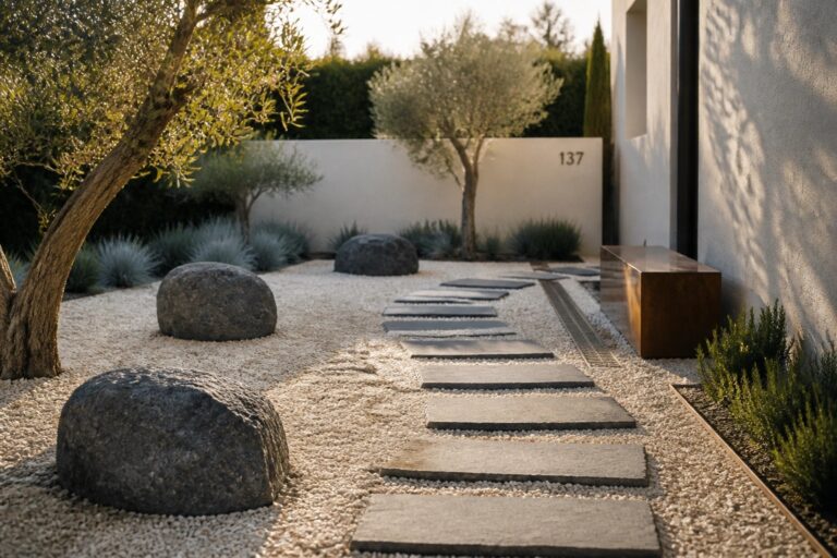 22 Modern Garden Design Ideas Using Gravel, Stone, and Sculptural Plants A gravel garden path lined with large dark boulders and stepping stones leads toward a modern house entrance, with olive trees and shrubs on both sides.