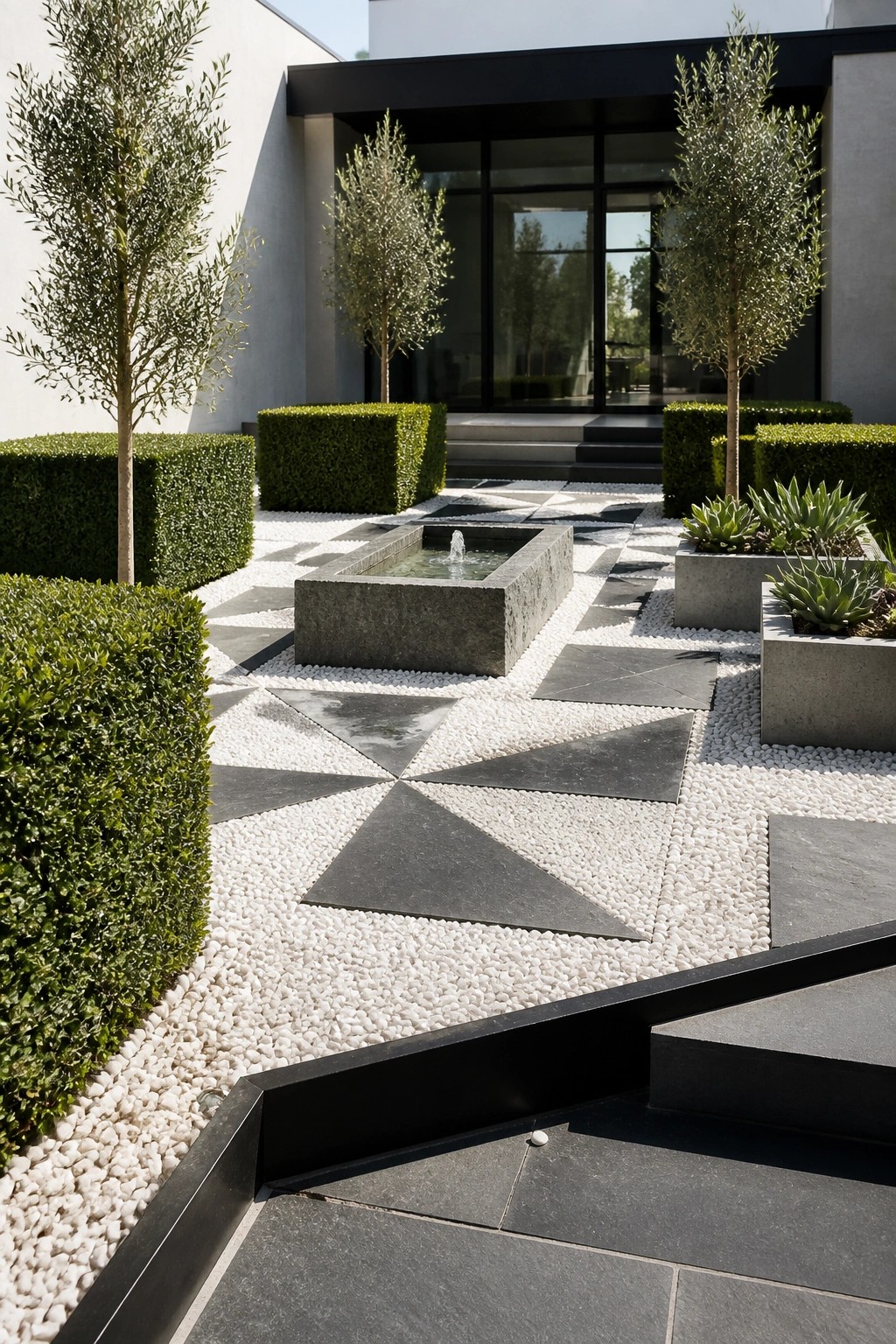 A modern garden with large dark stone tiles in geometric shapes set into white gravel, surrounded by trimmed hedges, olive trees, succulents in concrete planters, and a rectangular stone fountain.