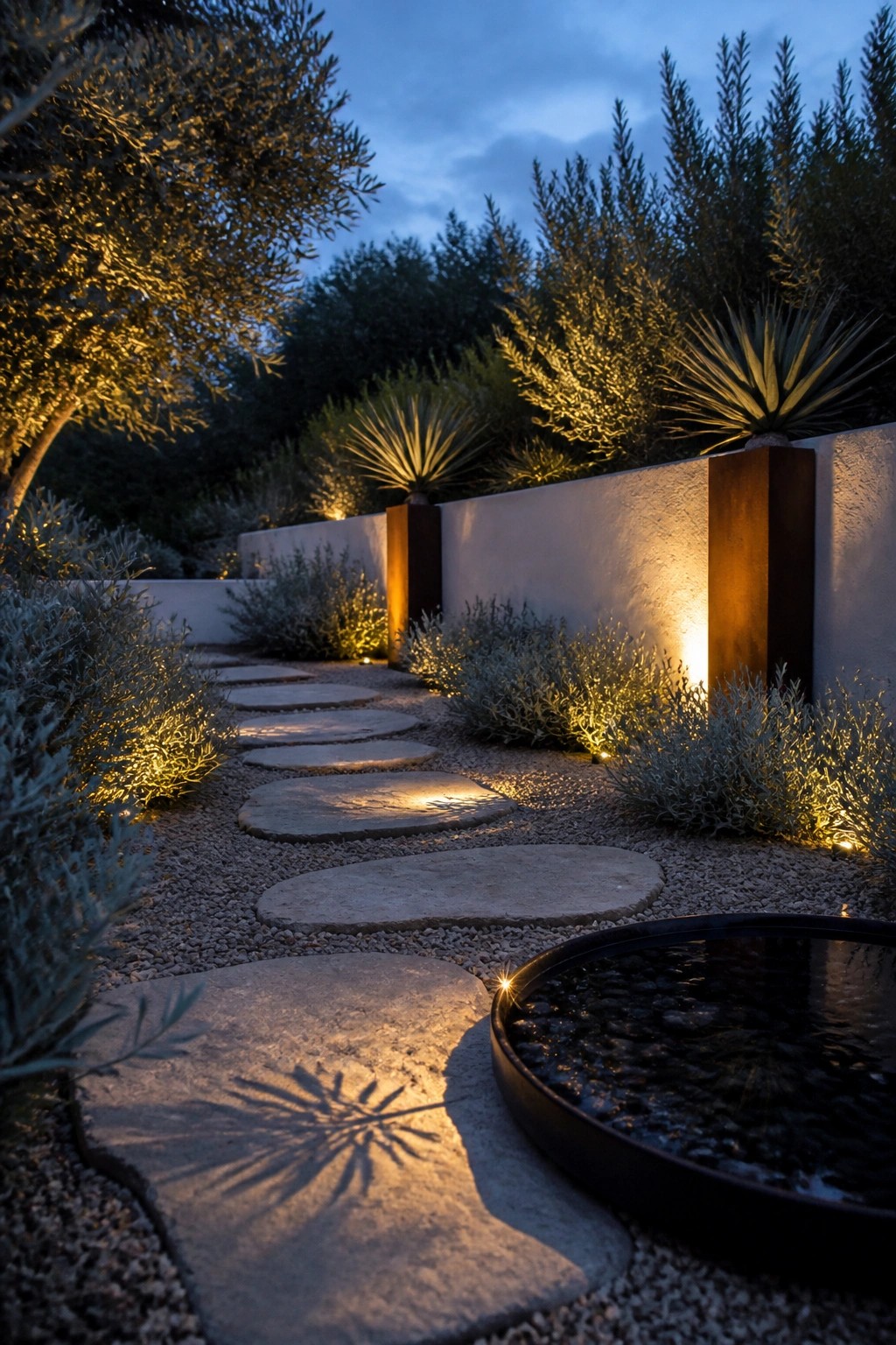 A gravel garden path with large irregular stepping stones, low shrubs on both sides, and small lights at dusk.