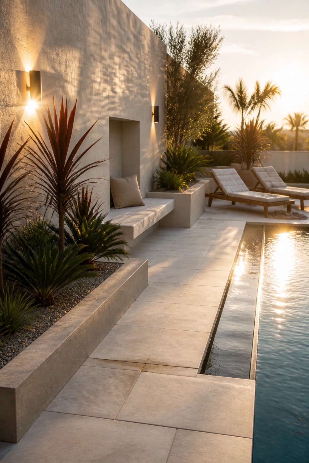 A modern outdoor pool area with light stone paving, a built-in concrete bench, gravel beds containing tall red-leafed plants and green palms, and two lounge chairs beside the water at sunset.