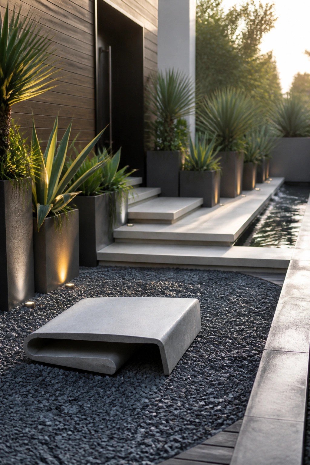 Curved concrete bench on gravel near modern steps, planters, and water feature