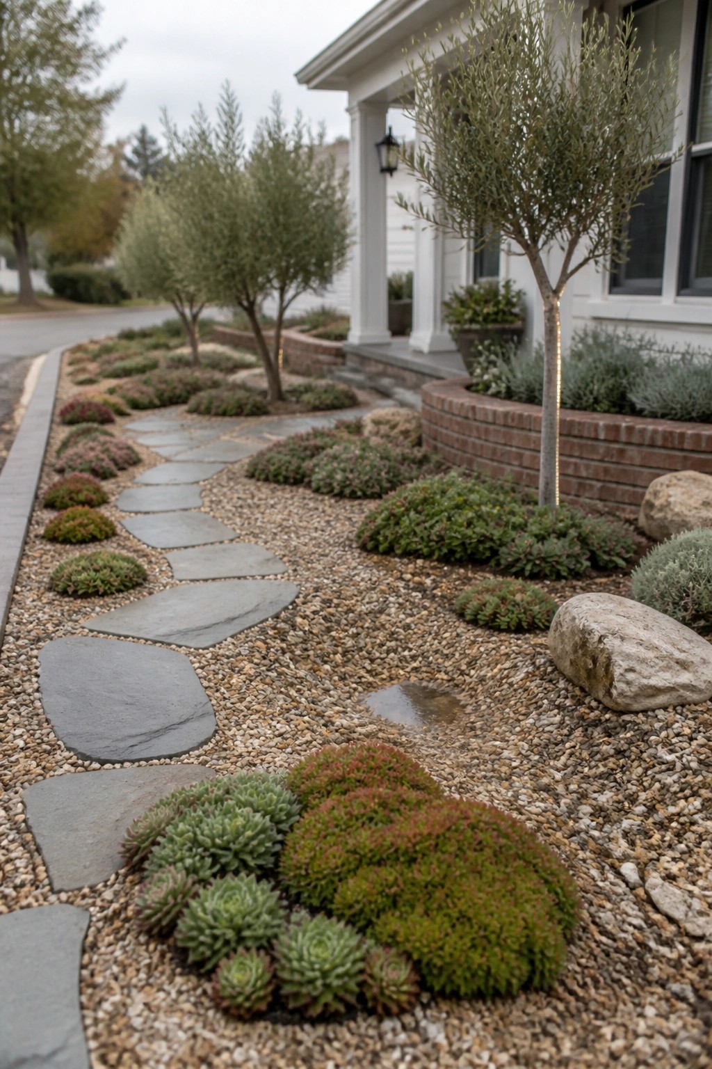 Stone pathway winds through gravel garden with succulents toward white house porch.