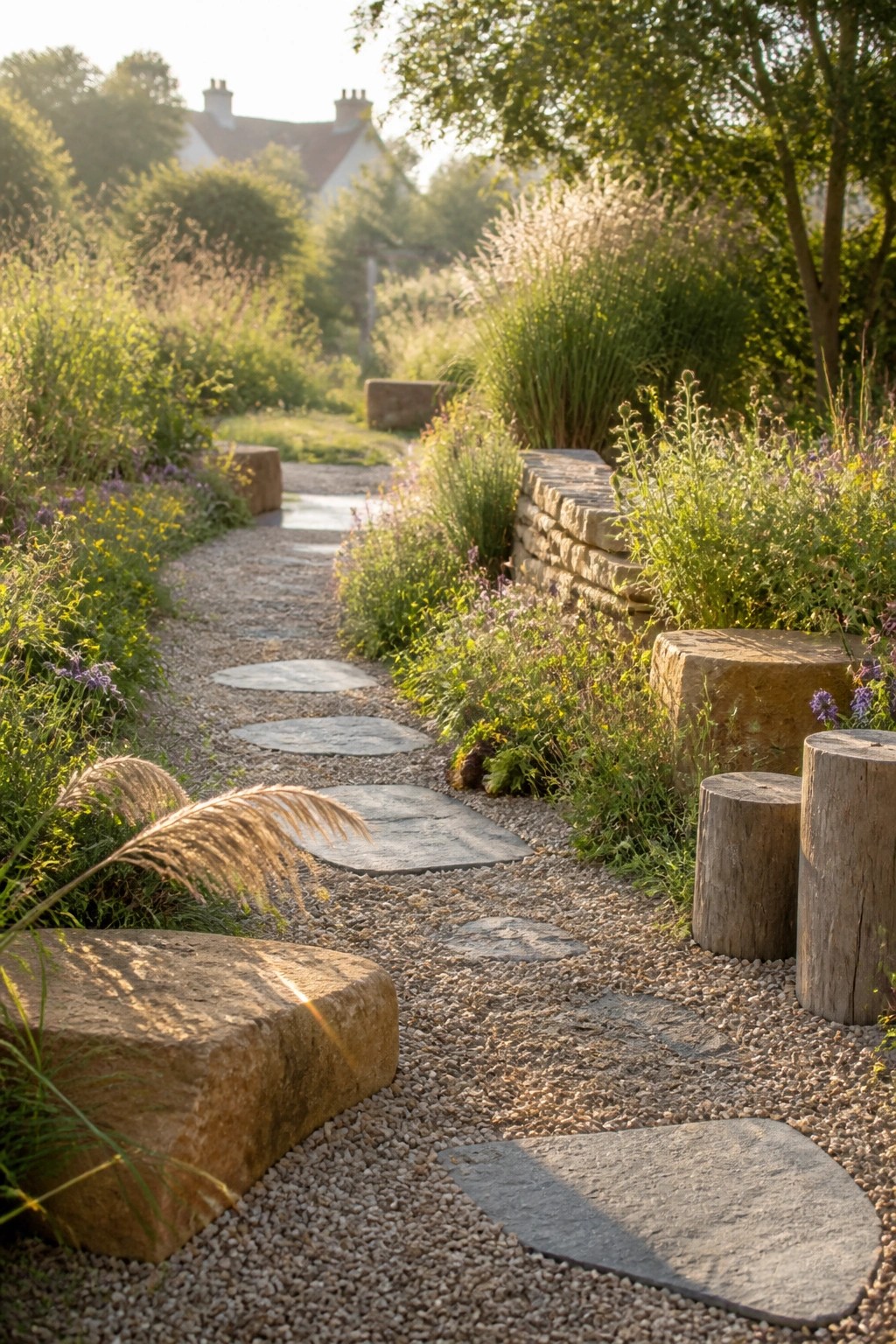 A gravel garden path with large flat stepping stones winds through dense plants, bordered by boulders, wooden stumps, and a low stone wall.